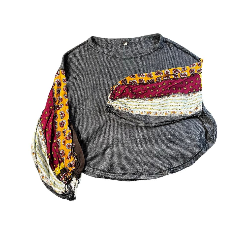 Free People womens M oversized charcoal blossom thermal balloon sleeve patchwork